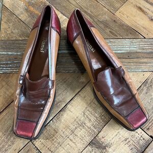 Dansi Block Heel Loafers Leather Color Block Square Toe Heel Spain Made Shoes 37